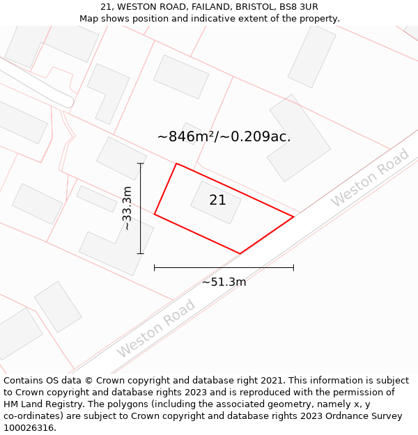 21, WESTON ROAD, FAILAND, BRISTOL, BS8 3UR: Plot and title map