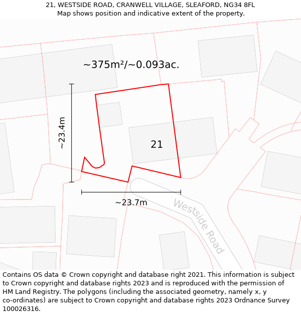 21, WESTSIDE ROAD, CRANWELL VILLAGE, SLEAFORD, NG34 8FL: Plot and title map