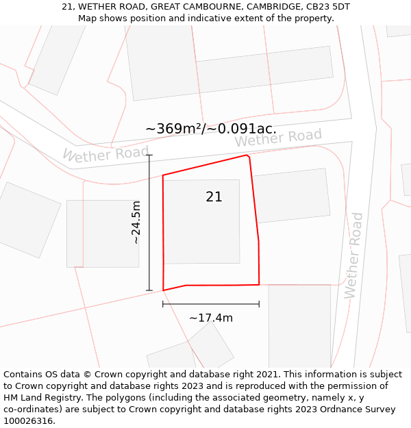 21, WETHER ROAD, GREAT CAMBOURNE, CAMBRIDGE, CB23 5DT: Plot and title map