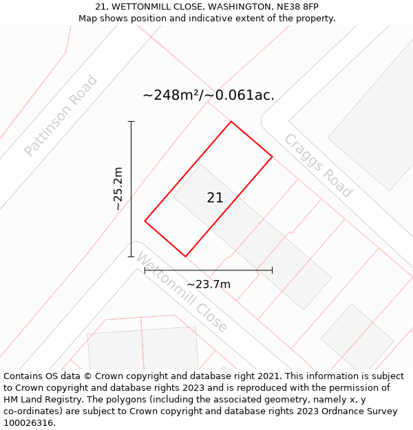 21, WETTONMILL CLOSE, WASHINGTON, NE38 8FP: Plot and title map