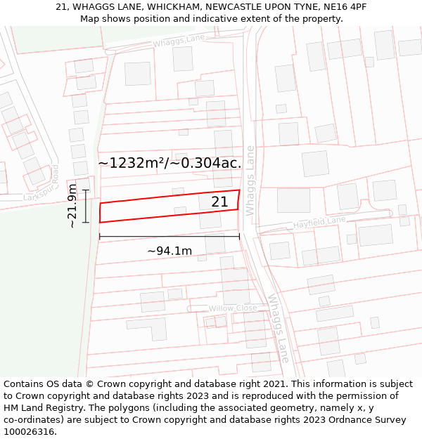 21, WHAGGS LANE, WHICKHAM, NEWCASTLE UPON TYNE, NE16 4PF: Plot and title map