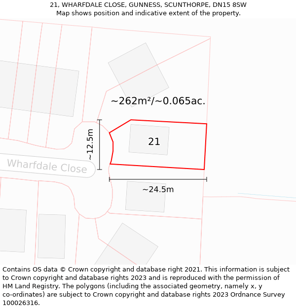 21, WHARFDALE CLOSE, GUNNESS, SCUNTHORPE, DN15 8SW: Plot and title map