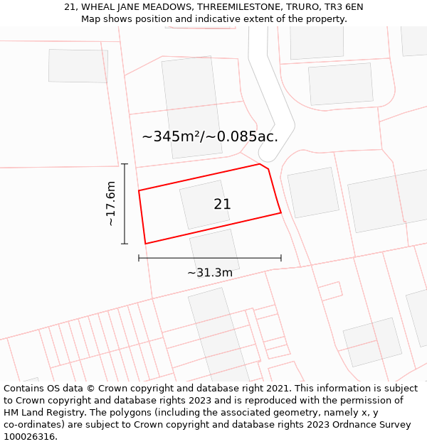 21, WHEAL JANE MEADOWS, THREEMILESTONE, TRURO, TR3 6EN: Plot and title map