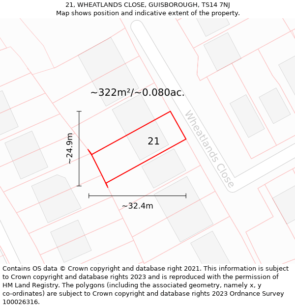 21, WHEATLANDS CLOSE, GUISBOROUGH, TS14 7NJ: Plot and title map