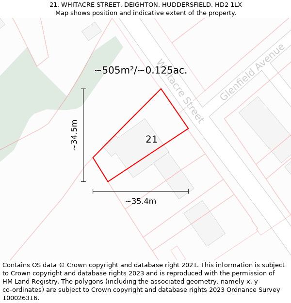 21, WHITACRE STREET, DEIGHTON, HUDDERSFIELD, HD2 1LX: Plot and title map