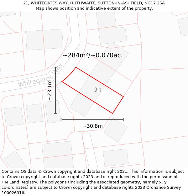 21, WHITEGATES WAY, HUTHWAITE, SUTTON-IN-ASHFIELD, NG17 2SA: Plot and title map