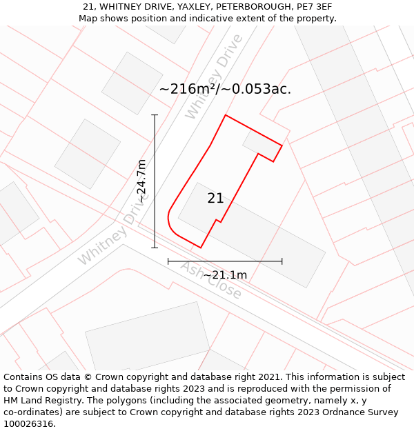 21, WHITNEY DRIVE, YAXLEY, PETERBOROUGH, PE7 3EF: Plot and title map