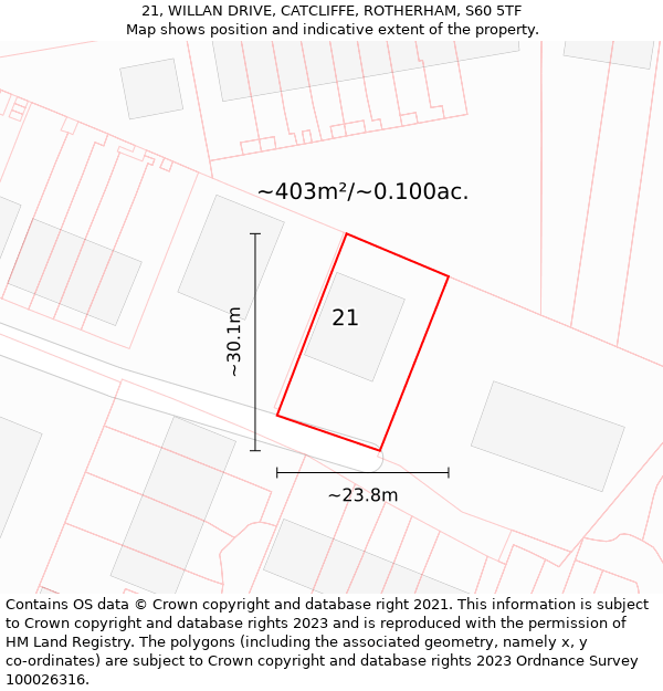 21, WILLAN DRIVE, CATCLIFFE, ROTHERHAM, S60 5TF: Plot and title map