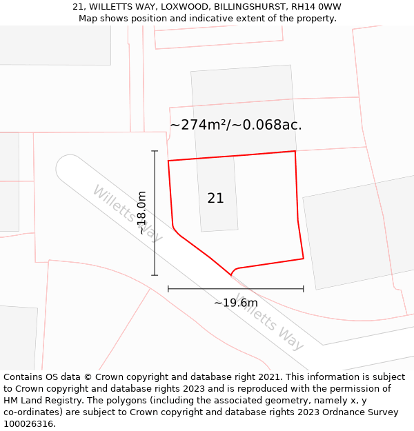 21, WILLETTS WAY, LOXWOOD, BILLINGSHURST, RH14 0WW: Plot and title map