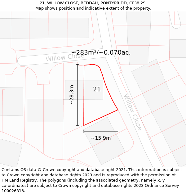 21, WILLOW CLOSE, BEDDAU, PONTYPRIDD, CF38 2SJ: Plot and title map