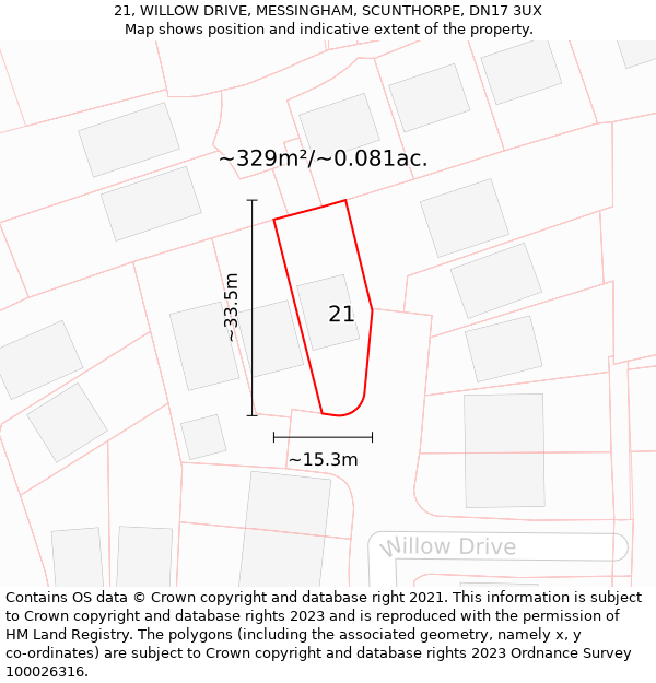 21, WILLOW DRIVE, MESSINGHAM, SCUNTHORPE, DN17 3UX: Plot and title map