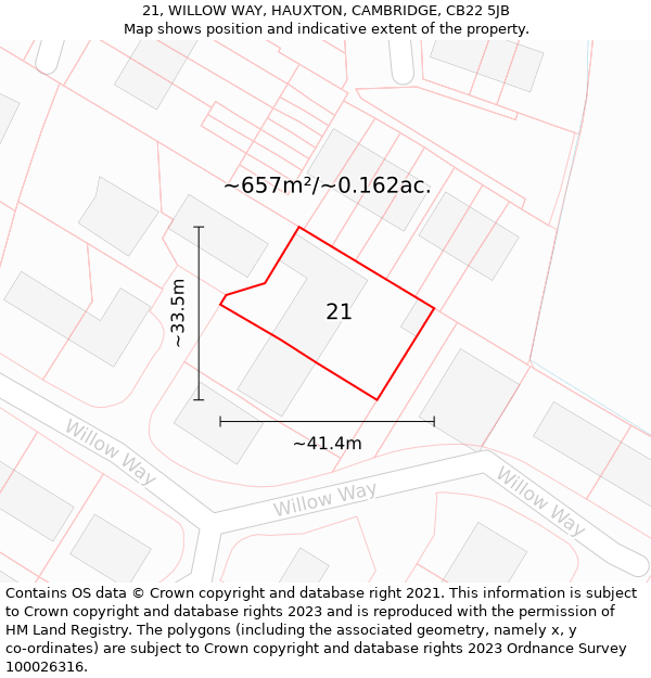 21, WILLOW WAY, HAUXTON, CAMBRIDGE, CB22 5JB: Plot and title map