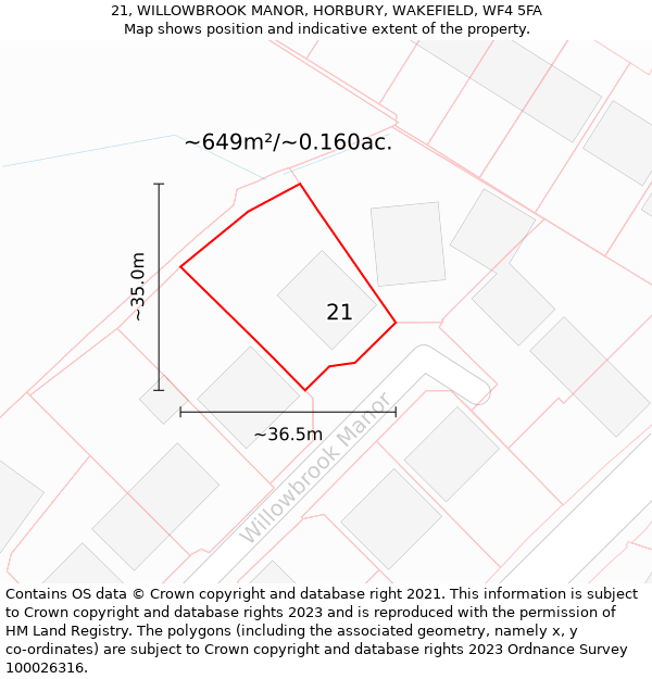21, WILLOWBROOK MANOR, HORBURY, WAKEFIELD, WF4 5FA: Plot and title map