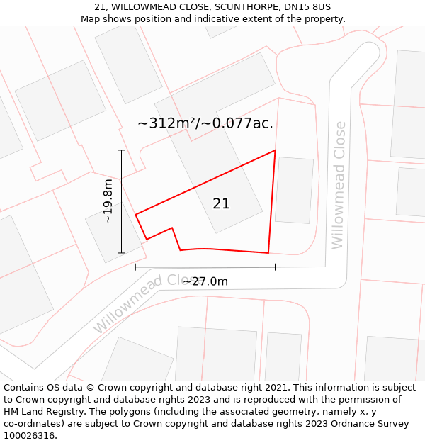 21, WILLOWMEAD CLOSE, SCUNTHORPE, DN15 8US: Plot and title map