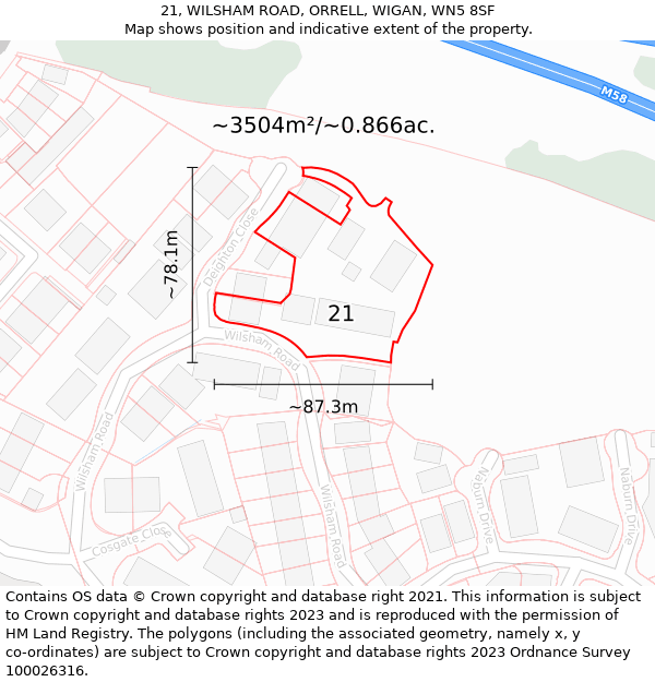 21, WILSHAM ROAD, ORRELL, WIGAN, WN5 8SF: Plot and title map