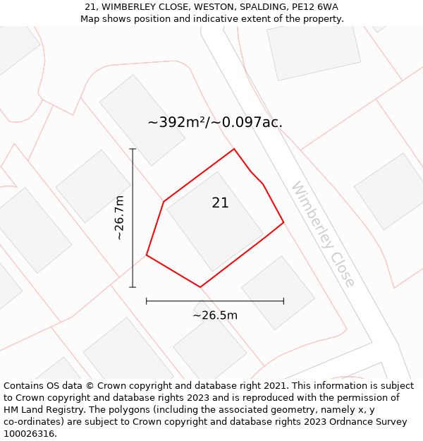 21, WIMBERLEY CLOSE, WESTON, SPALDING, PE12 6WA: Plot and title map