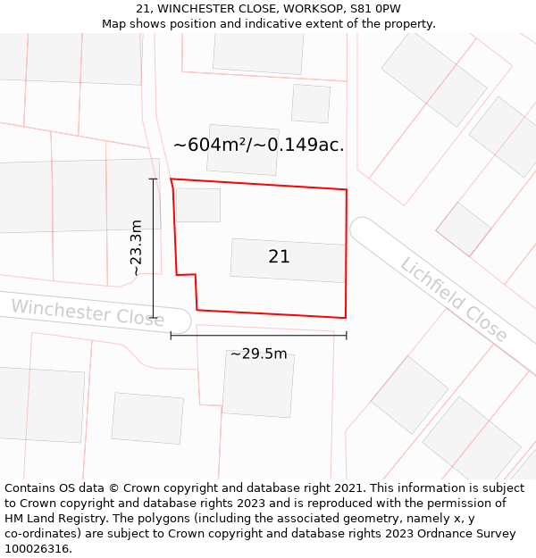 21, WINCHESTER CLOSE, WORKSOP, S81 0PW: Plot and title map