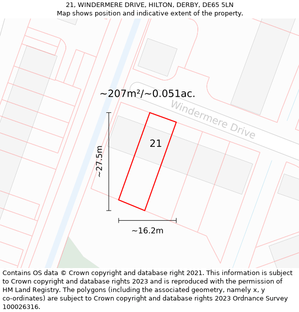 21, WINDERMERE DRIVE, HILTON, DERBY, DE65 5LN: Plot and title map