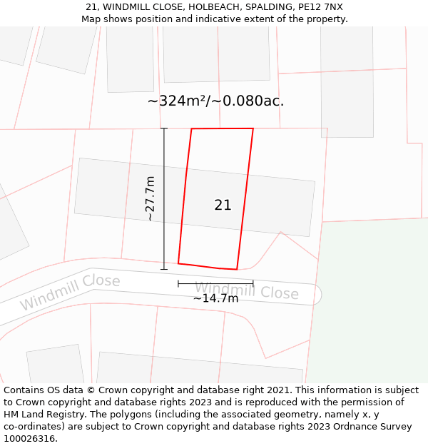 21, WINDMILL CLOSE, HOLBEACH, SPALDING, PE12 7NX: Plot and title map