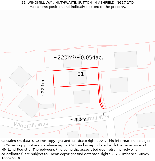 21, WINDMILL WAY, HUTHWAITE, SUTTON-IN-ASHFIELD, NG17 2TQ: Plot and title map