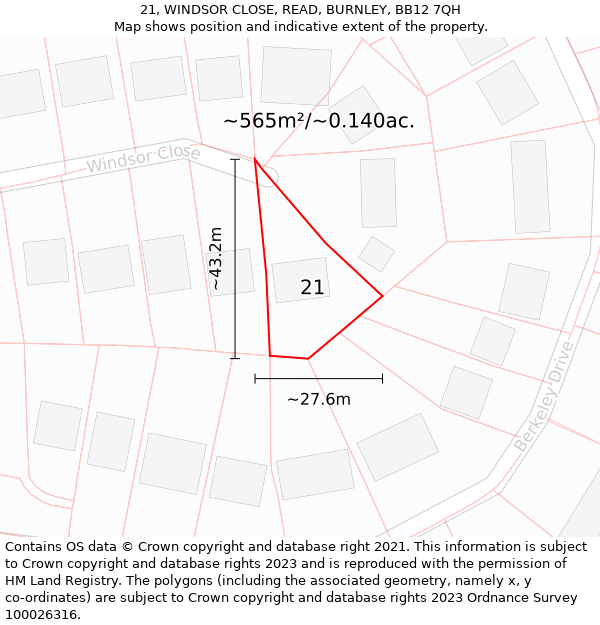 21, WINDSOR CLOSE, READ, BURNLEY, BB12 7QH: Plot and title map