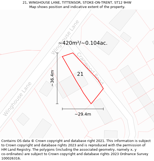 21, WINGHOUSE LANE, TITTENSOR, STOKE-ON-TRENT, ST12 9HW: Plot and title map