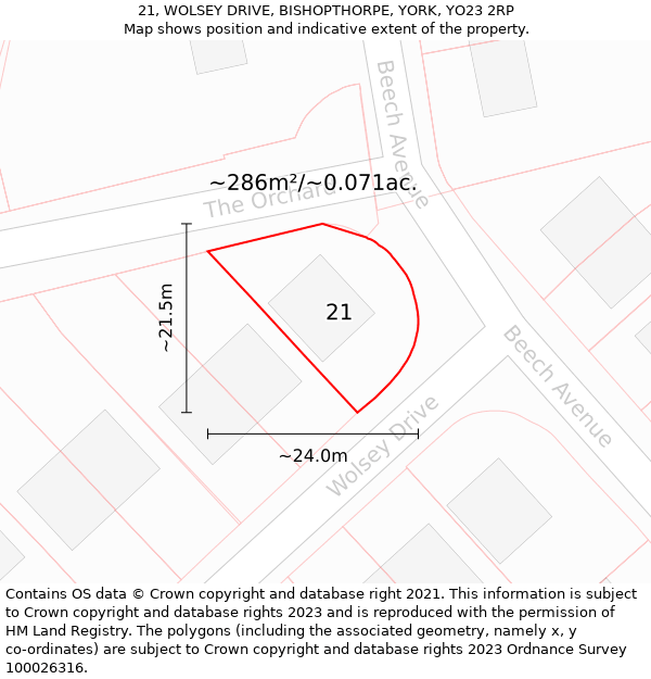 21, WOLSEY DRIVE, BISHOPTHORPE, YORK, YO23 2RP: Plot and title map