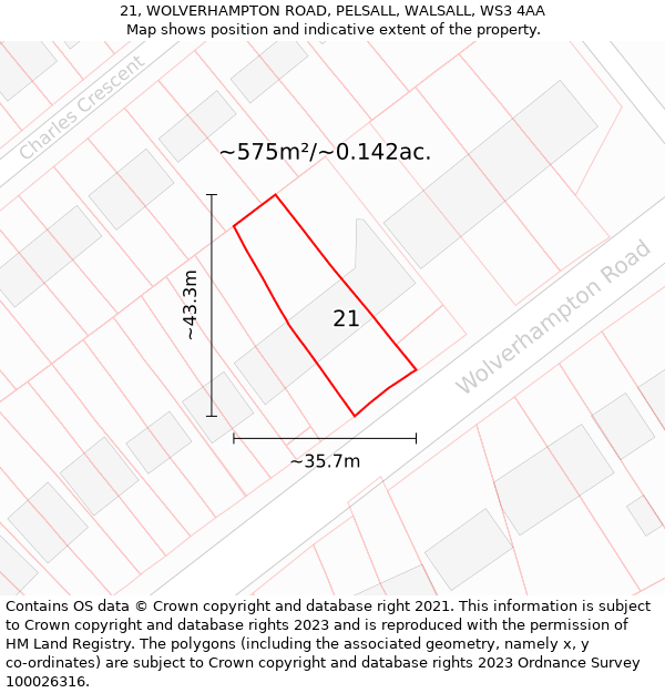 21, WOLVERHAMPTON ROAD, PELSALL, WALSALL, WS3 4AA: Plot and title map