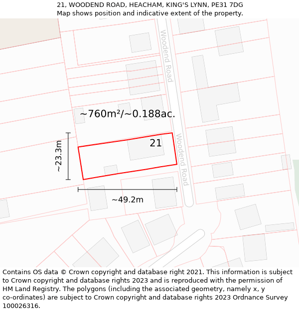 21, WOODEND ROAD, HEACHAM, KING'S LYNN, PE31 7DG: Plot and title map