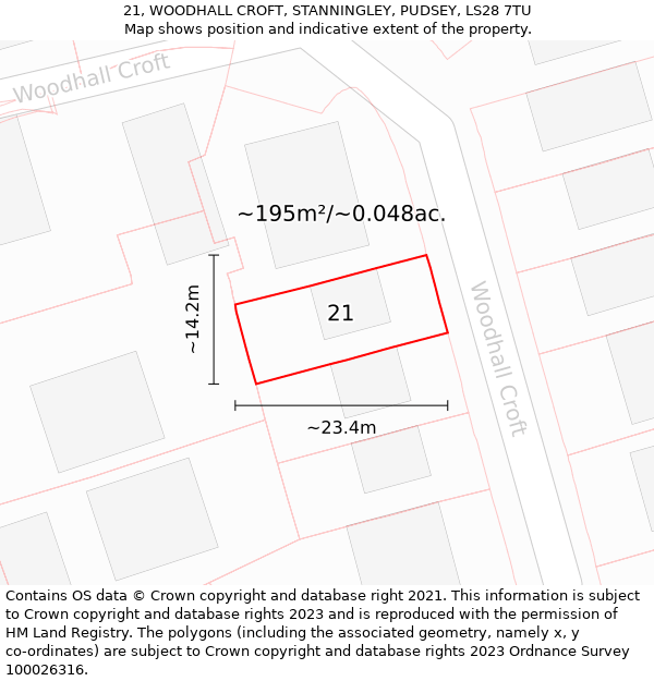 21, WOODHALL CROFT, STANNINGLEY, PUDSEY, LS28 7TU: Plot and title map