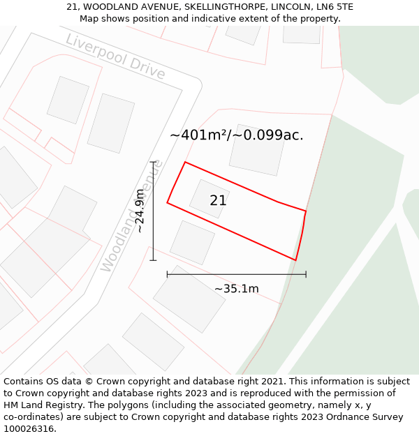 21, WOODLAND AVENUE, SKELLINGTHORPE, LINCOLN, LN6 5TE: Plot and title map