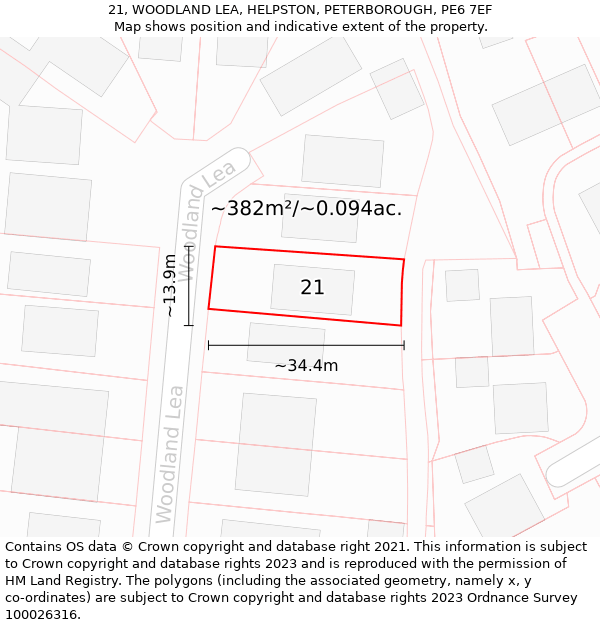 21, WOODLAND LEA, HELPSTON, PETERBOROUGH, PE6 7EF: Plot and title map