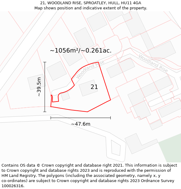 21, WOODLAND RISE, SPROATLEY, HULL, HU11 4GA: Plot and title map