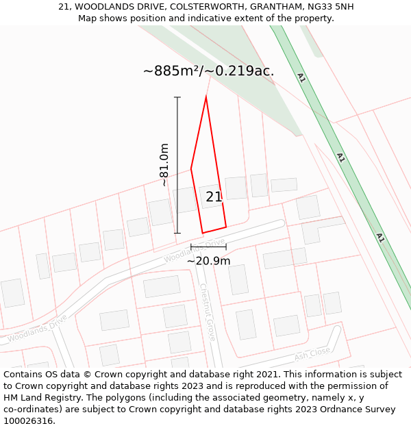 21, WOODLANDS DRIVE, COLSTERWORTH, GRANTHAM, NG33 5NH: Plot and title map