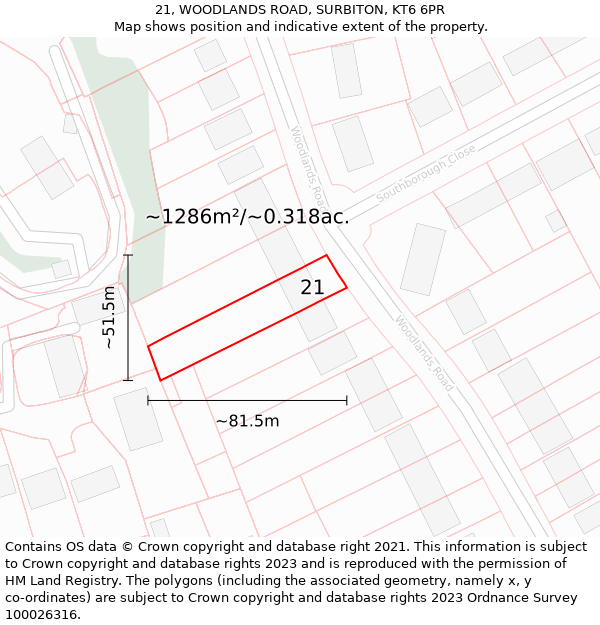 21, WOODLANDS ROAD, SURBITON, KT6 6PR: Plot and title map