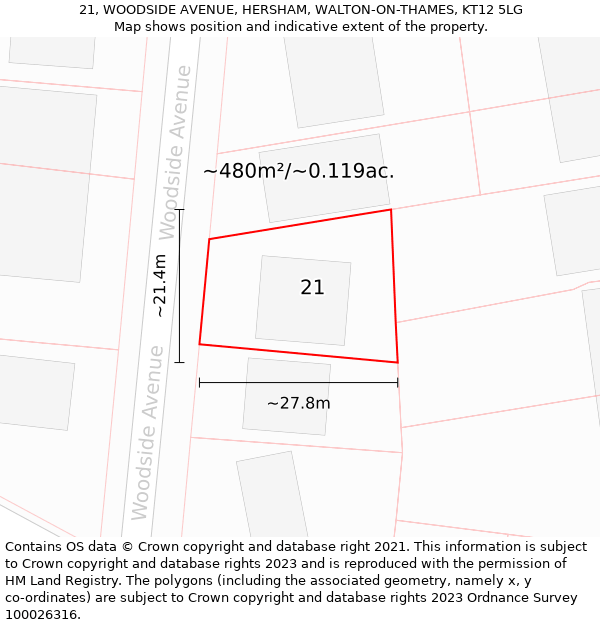 21, WOODSIDE AVENUE, HERSHAM, WALTON-ON-THAMES, KT12 5LG: Plot and title map
