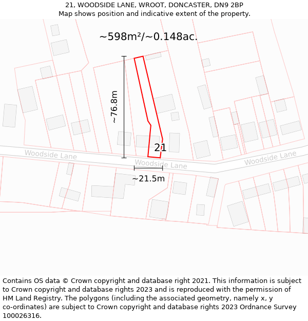 21, WOODSIDE LANE, WROOT, DONCASTER, DN9 2BP: Plot and title map