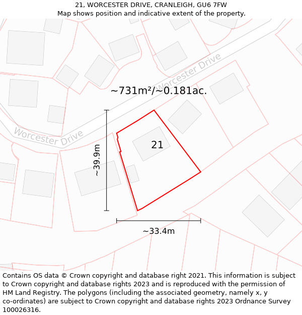 21, WORCESTER DRIVE, CRANLEIGH, GU6 7FW: Plot and title map