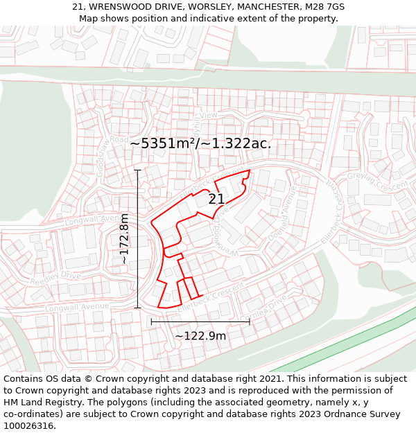 21, WRENSWOOD DRIVE, WORSLEY, MANCHESTER, M28 7GS: Plot and title map