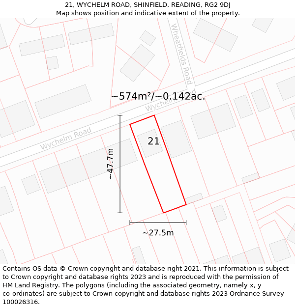 21, WYCHELM ROAD, SHINFIELD, READING, RG2 9DJ: Plot and title map