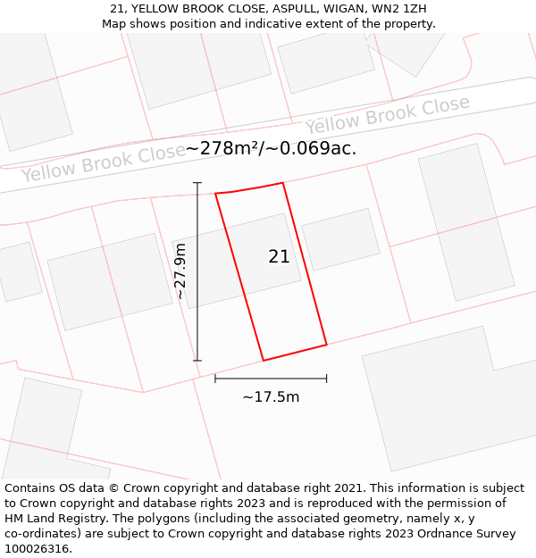 21, YELLOW BROOK CLOSE, ASPULL, WIGAN, WN2 1ZH: Plot and title map