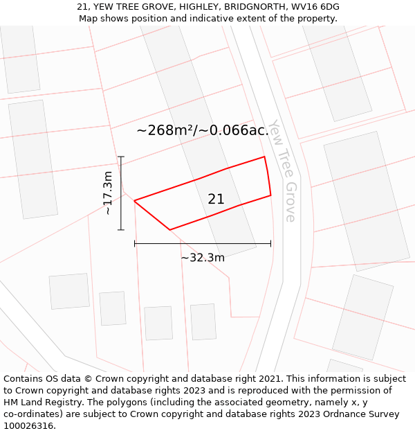 21, YEW TREE GROVE, HIGHLEY, BRIDGNORTH, WV16 6DG: Plot and title map