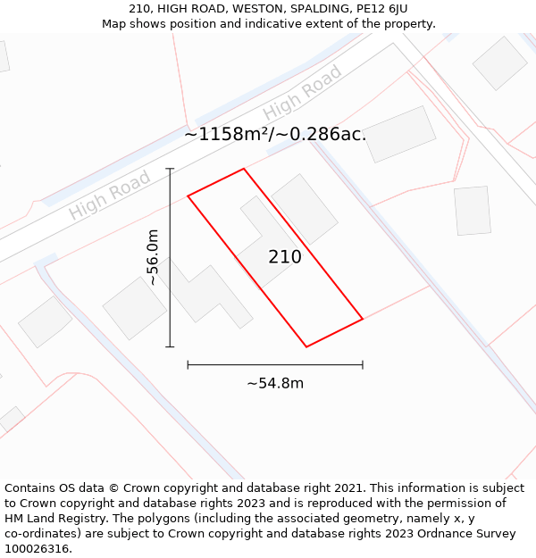 210, HIGH ROAD, WESTON, SPALDING, PE12 6JU: Plot and title map