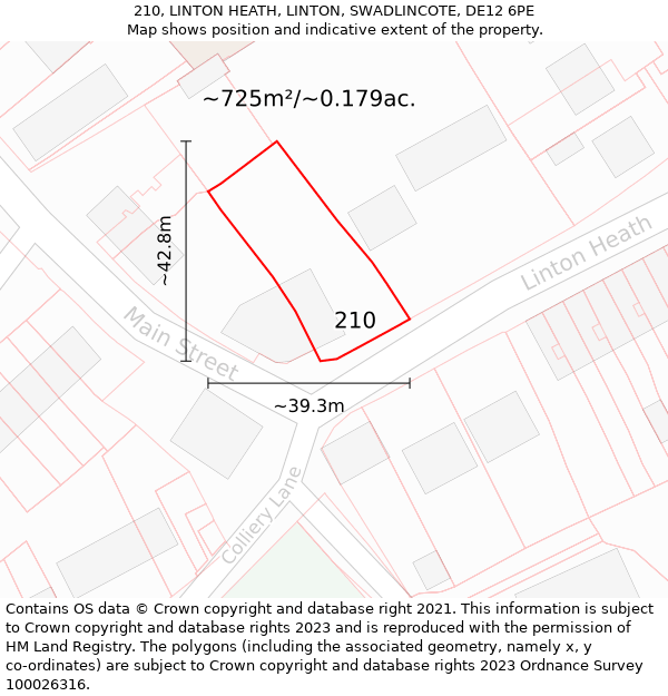 210, LINTON HEATH, LINTON, SWADLINCOTE, DE12 6PE: Plot and title map