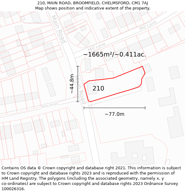 210, MAIN ROAD, BROOMFIELD, CHELMSFORD, CM1 7AJ: Plot and title map