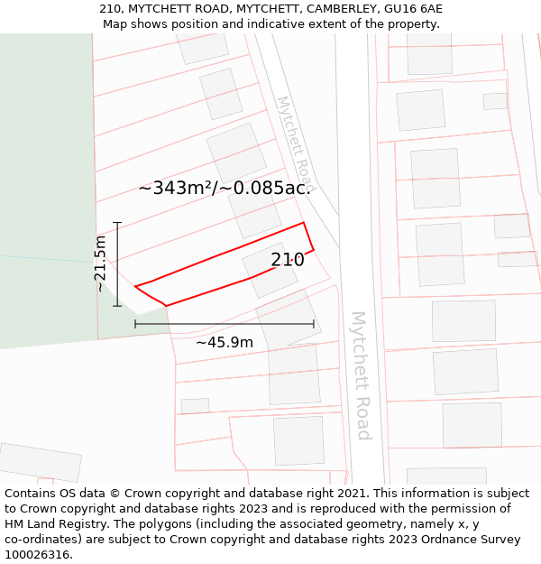 210, MYTCHETT ROAD, MYTCHETT, CAMBERLEY, GU16 6AE: Plot and title map