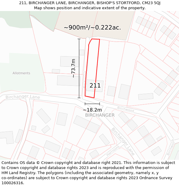 211, BIRCHANGER LANE, BIRCHANGER, BISHOP'S STORTFORD, CM23 5QJ: Plot and title map