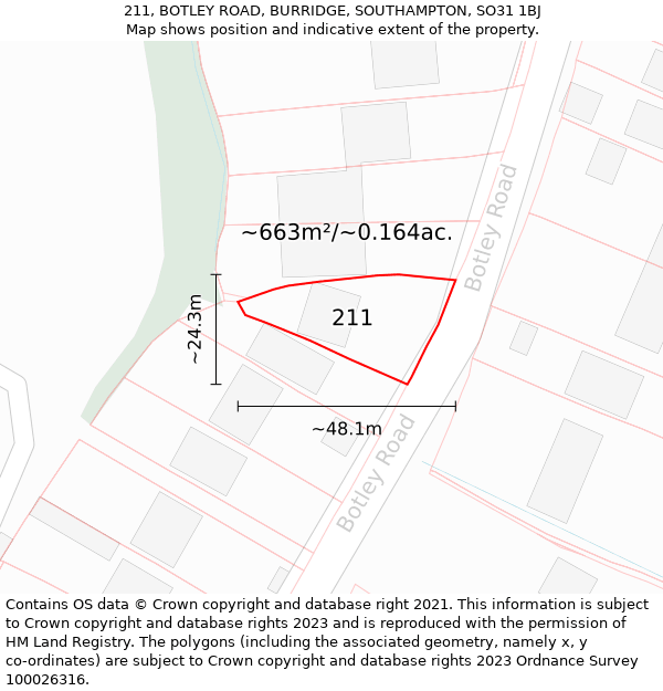 211, BOTLEY ROAD, BURRIDGE, SOUTHAMPTON, SO31 1BJ: Plot and title map