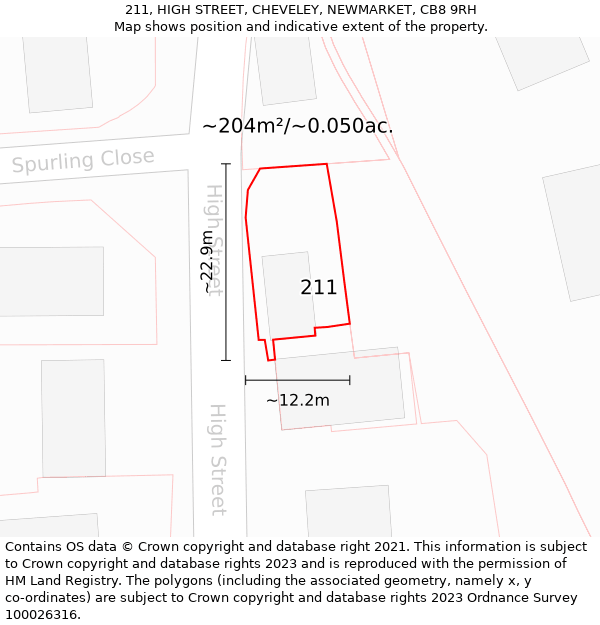 211, HIGH STREET, CHEVELEY, NEWMARKET, CB8 9RH: Plot and title map