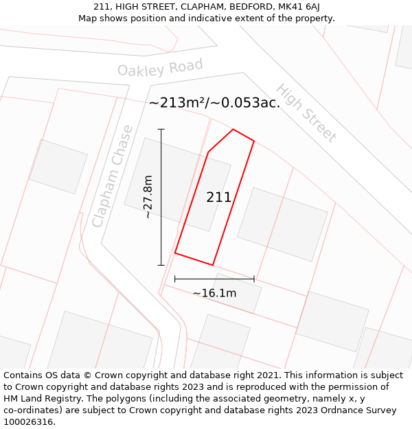 211, HIGH STREET, CLAPHAM, BEDFORD, MK41 6AJ: Plot and title map